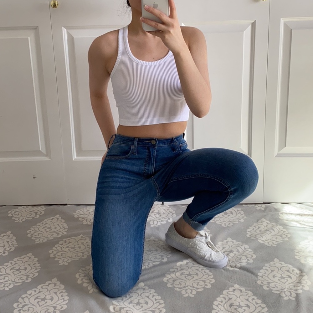VIBE - White Ribbed Racerback Cropped Classic Basic Tank Top